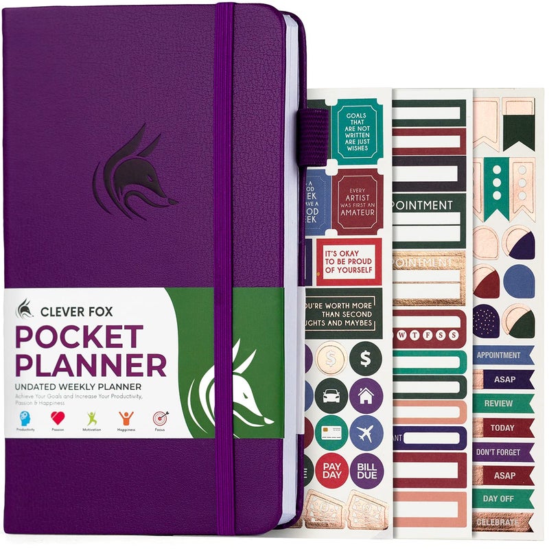 Clever Fox Pocket Planner Weekly â€“ Undated Monthly Goal Planner and Calendar, Mini Planner Perfect for Purse, 3.7x6.7" (Purple) - Image 1